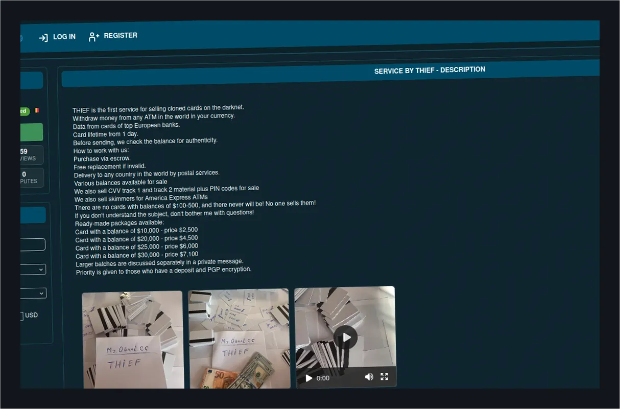 Darknet marketplace selling cloned cards