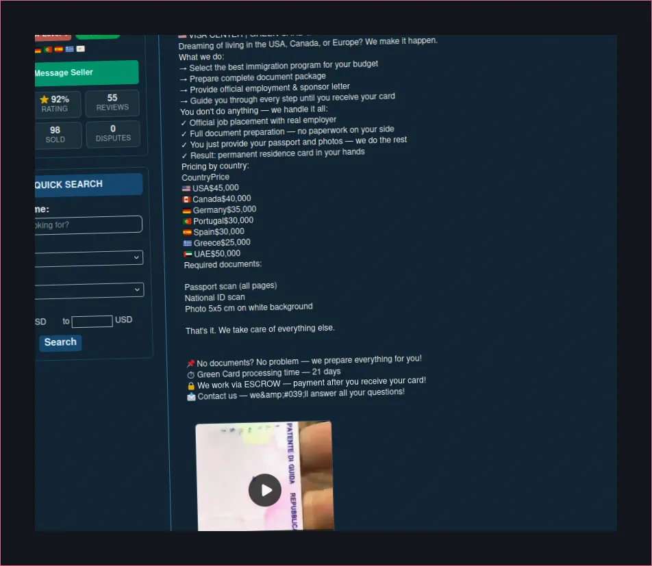 Website interface for visa and green card services.
